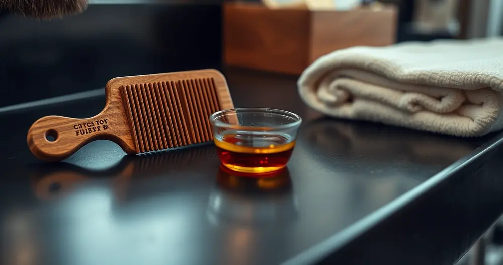 Pente de madeira e pequeno frasco de óleo para barba sobre bancada escura ao lado de toalha dobrada