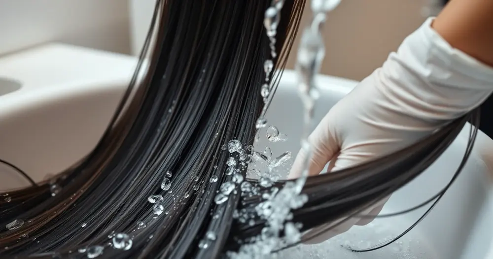 Cabelo longo escuro sendo enxaguado sob água corrente em cuba de salão, com mãos enluvadas