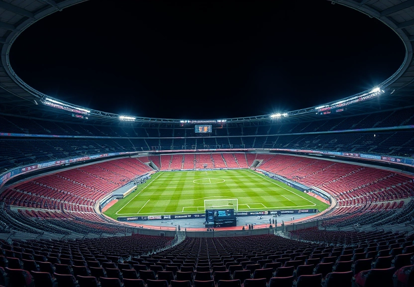 Estádio de futebol vazio à noite, com os refletores acesos