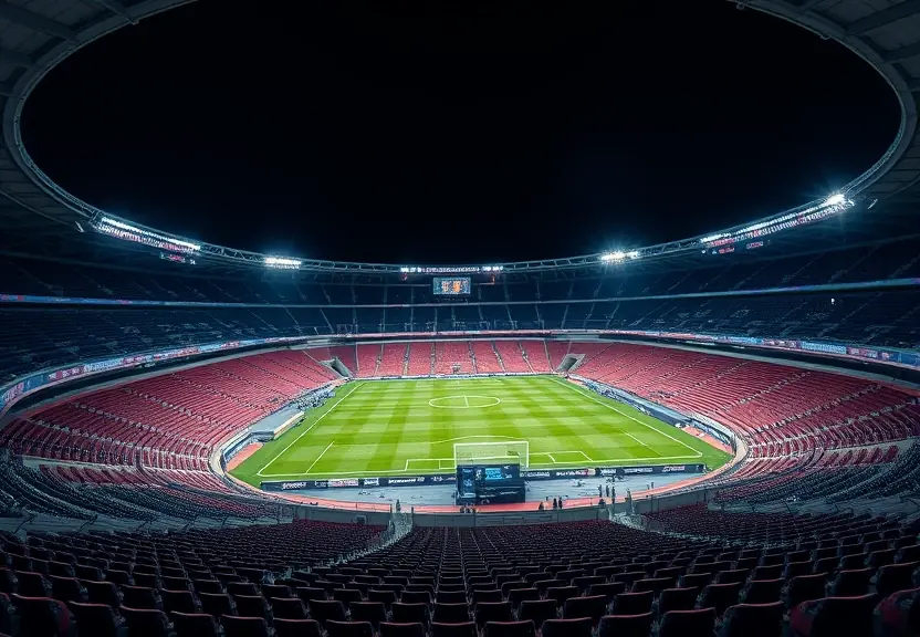 Estádio de futebol vazio à noite, com os refletores acesos