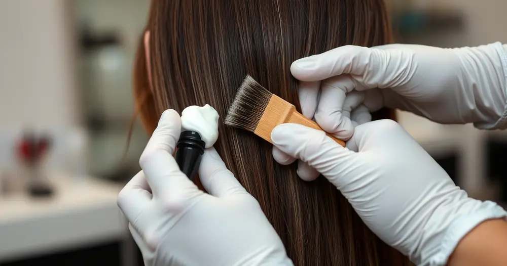 Mãos enluvadas de cabeleireiro aplicando creme em uma mecha com pincel de coloração em salão
