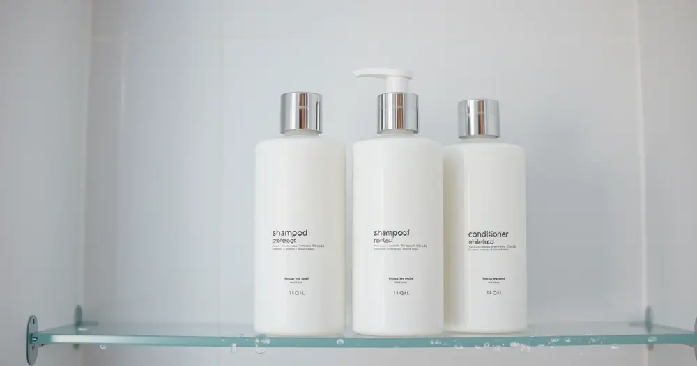 Frascos de shampoo e condicionador sem rótulo em prateleira de box com gotas de água