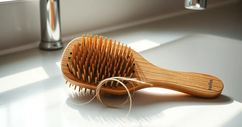 Escova de cabelo de madeira sobre bancada de banheiro com alguns fios soltos sob luz da manhã