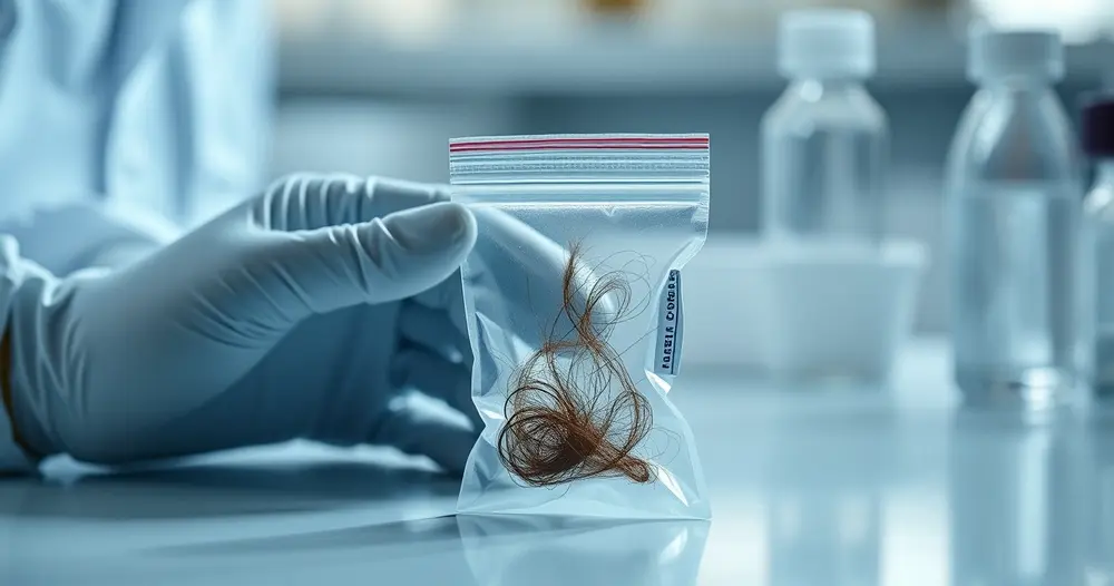 Pequeno saquinho transparente com alguns fios de cabelo sobre bancada de laboratório com mãos enluvadas