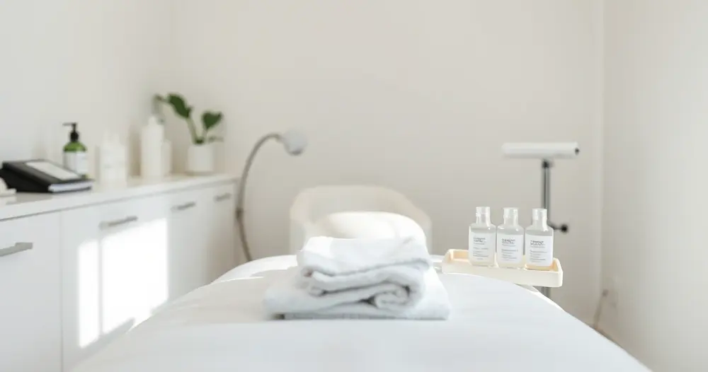 Sala de clínica de estética com maca, toalhas brancas dobradas e bandeja com frascos sem rótulo