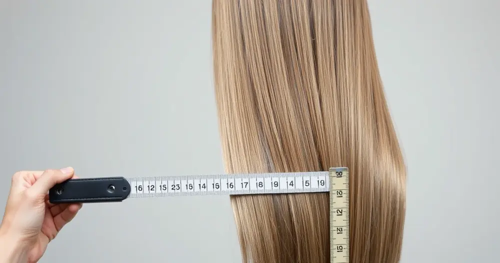 Fita métrica posicionada ao lado de uma mecha de cabelo liso e longo sobre fundo neutro