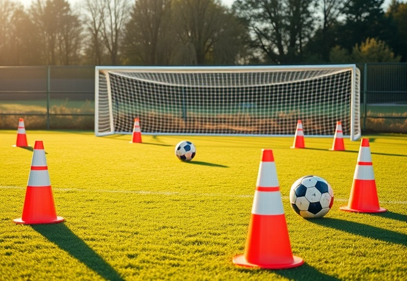 Campo de treino de futebol pela manhã, com cones e bolas na grama