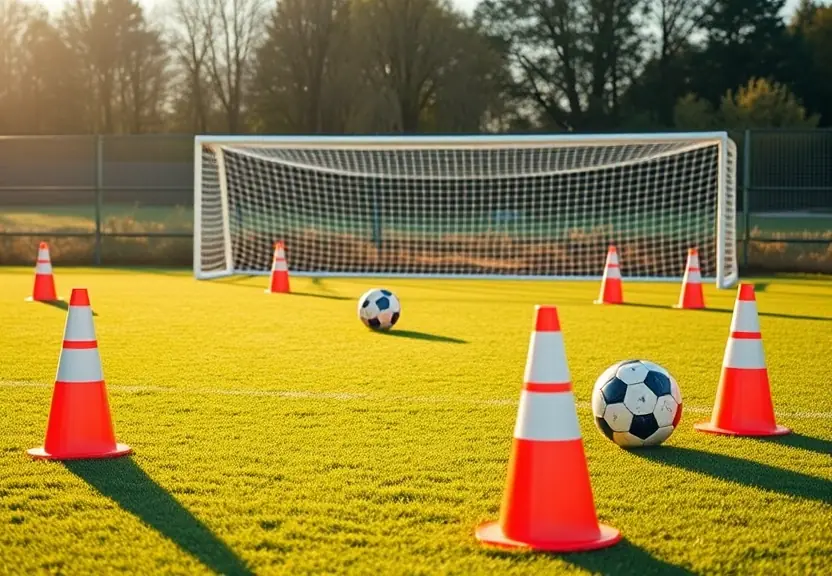 Campo de treino de futebol pela manhã, com cones e bolas na grama